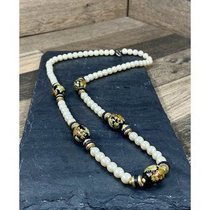 Vintage Cloisonne Bead Necklace Brass Asian Floral Design Handmade Gold Black